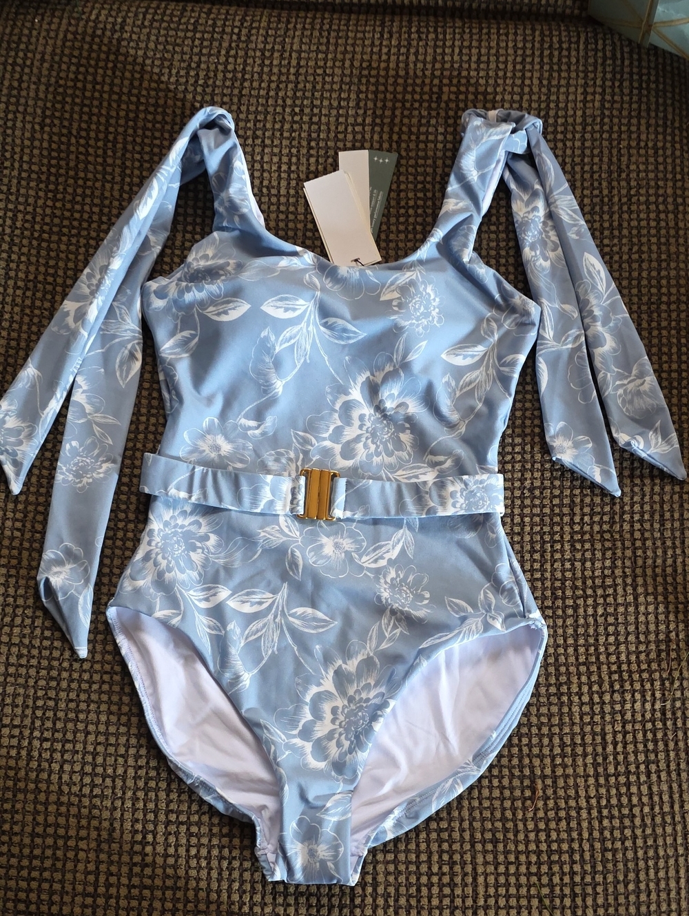 Hermoza Women's Belted One-Piece Swimsuit Blue/White, Size 2 Fully Lined